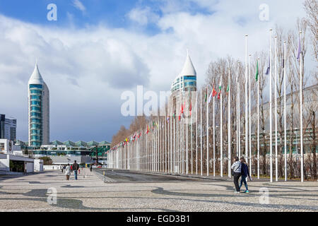 Mondo Paese del flag in Rossio dos Olivais (Olive Grove Square) nel Parque das Nações (Parco delle Nazioni). Lisbona, Portogallo Foto Stock