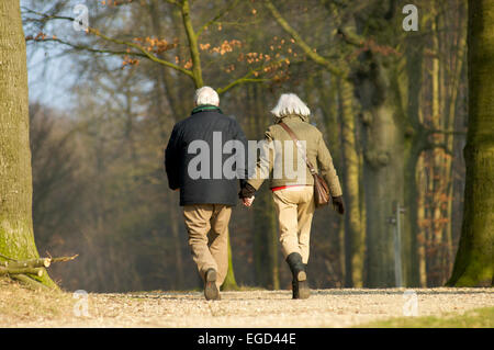 Coppia di anziani a camminare in una foresta insieme e tenendo le mani Foto Stock