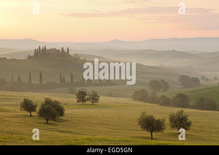 Tipico paesaggio toscano con hillls, country house e cipressi, nei pressi di San Quirico d'Orcia, Val d'Orcia, Val d'Orcia, Sito Patrimonio Mondiale dell'UNESCO, provincia di Siena, Toscana, Italia, Europa Foto Stock