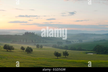 Tipico paesaggio toscano con hillls, country house e cipressi, nei pressi di San Quirico d'Orcia, Val d'Orcia, Val d'Orcia, Sito Patrimonio Mondiale dell'UNESCO, provincia di Siena, Toscana, Italia, Europa Foto Stock