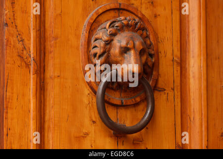 Porta respingente nella forma di un Lions Head su una porta nel centro storico di Firenze, Sito Patrimonio Mondiale dell'UNESCO, Firenze, Firenze, Toscana, Italia, Europa Foto Stock