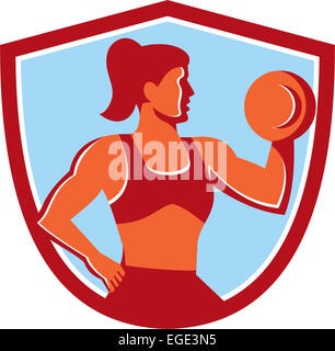 Illustrazione di una donna femmina il sollevamento di pesi peso formazione crossfit visto dal lato impostato all'interno della protezione crest fatto in stile retrò su sfondo isolato. Foto Stock