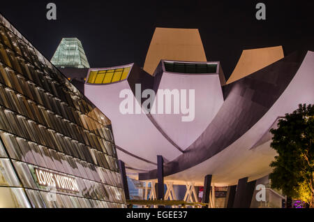 ArtScience Museum di Singapore di notte, accanto alla Louis Vuitton Isola Maison di Marina Bay Sands Foto Stock