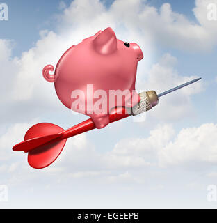 Obiettivo di bilancio e consulenza finanziaria il concetto di business come piggybank personaggio a cavallo di un DART rosso come un successo finanziario simbolo per la gestione di finanze e di risparmio. Foto Stock