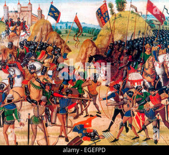 Battaglia di Crécy tra l'inglese e il francese in centinaia di anni di guerra. Il Vittorioso inglese sono sulla destra. 26 agosto 1346 Jean Froissart Foto Stock