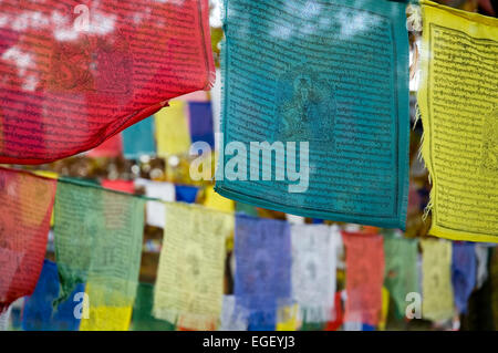 Colorati bandiere di preghiera in un tempio buddista Foto Stock