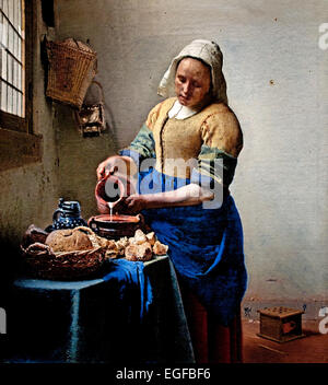 La cameriera della cucina Milkmaid - Het melk meisje (1658-1660) Johannes Jan Vermeer Dutch, Delft 1632–1675 Delft Netherlands (pittore olandese nell'età dell'oro, uno dei più grandi pittori, 17th ° secolo. senza tempo, momenti assennati, rimane enigmatica, inimitabile combinazione di colori e contenuto luminoso sconcertante) Foto Stock