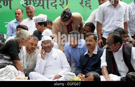 New Delhi, India. 24 Febbraio, 2015. Veterano Gandhian Anna Hazare (3 L) assiste ad una manifestazione di protesta contro il governo indiano è controversa l' emendamento di acquisizione di terreni a Nuova Delhi, India, Feb 24, 2015. © Partha Sarkar/Xinhua/Alamy Live News Foto Stock