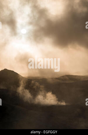 Sol de Mañana Geyser all'alba, Reserva Eduardo Avaroa, Bolivia Foto Stock