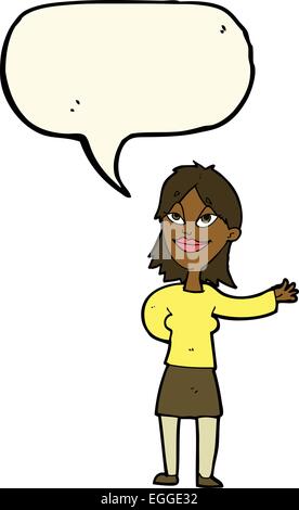 Cartoon donna gesticolando per mostrare qualcosa con il discorso bolla Illustrazione Vettoriale