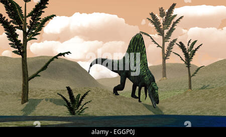 Arizonasaurus dinosauro a piedi nel deserto tra alberi pachypteris. Foto Stock