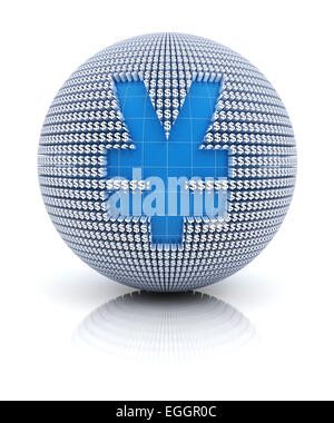 Yen o icona RMB sul globo terrestre formato da dollar sign, 3D render Foto Stock
