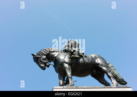 Guardando verso l'alto la statua di Jan Zizka, da Bohumil Kafka, a Praga è monumento nazionale. Foto Stock