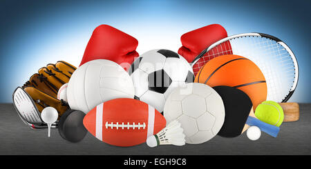 Attrezzature sportive sfondo blu Foto Stock