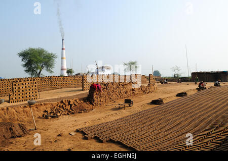 Fatto a mano i mattoni di fango di argilla lasciato fuori nel sole per asciugare prima di passare a un forno in Madhya Pradesh India Foto Stock