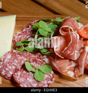 Tapas Scheda Antipasti: Prosciutto Serrano, Salchicon salami, insalata di pomodoro e formaggio Manchego decorate con pisello verde foglie. Foto Stock