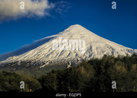 Vista panoramica della coperta di neve montagna nel Parque Nacional Vicente Perez Rosales Foto Stock