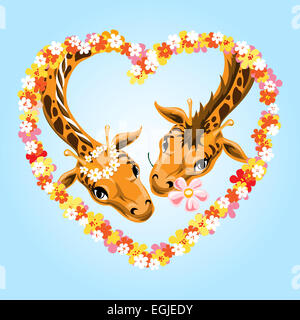 Coppia di giraffe durante la romantica in data la ghirlanda di fiori disegnati in stile cartoon. Foto Stock