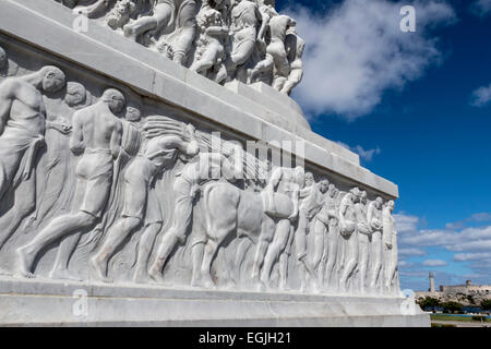 Dettaglio delle figure scolpite intorno alla base del Generale monumento di Maximo Gomez, Parque Martires del 71, Havana, Cuba. Foto Stock