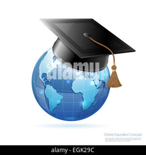 Online Istruzione & E-Learning concetto con 3D realistiche icone e terra Mortarboard. illustrazione isolato su bianco. Foto Stock