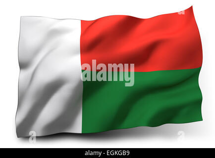 Sventola bandiera del Madagascar isolati su sfondo bianco Foto Stock