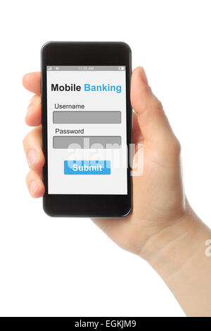 Mano azienda smart phone con mobile banking login box su sfondo bianco Foto Stock