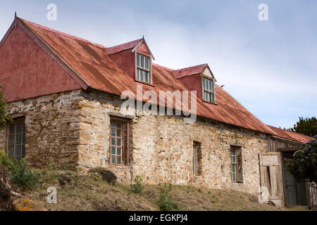 Atlantico Sud, Falklands, nuova isola, liquidazione, vecchia casa con rusty ferro corrugato tetto Foto Stock