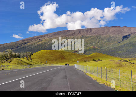 Picchi di Mauna Kea torre sopra strada sella (l'autostrada 200) tra Hilo e Waimea, Big Island, STATI UNITI D'AMERICA Foto Stock