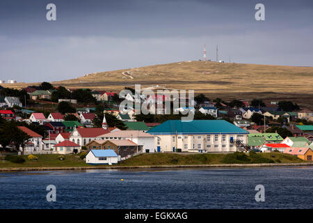 Atlantico Sud, Falklands Stanley lungomare, Ross, strada, Municipio e Chiesa cattolica Foto Stock