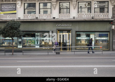 Ingresso esclusivo gioielliere erbosa presso l edificio erbosa, Gran Vía di Madrid, Spagna Foto Stock