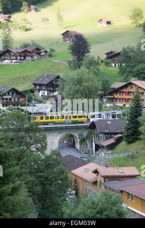 Case intorno alla pittoresca cittadina di Lauterbrunnen, Svizzera situato nelle Alpi Svizzere nell Oberland Bernese. Foto Stock