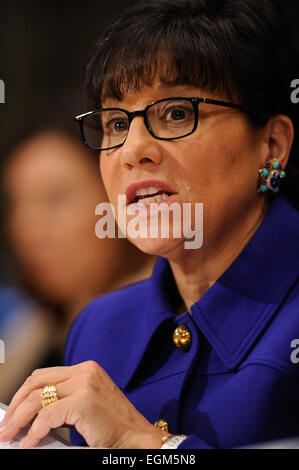 (150226) -- WASHINGTON D.C., Feb 26, 2015 (Xinhua)--- U.S. Il segretario del commercio Penny Pritzker testimonia prima del sottocomitato del senato sul commercio, la giustizia, la scienza e le relative agenzie per l'anno fiscale 2016 richiesta di finanziamento e la giustificazione di bilancio per gli Stati Uniti Dipartimento del commercio, al Campidoglio di Washington, DC, capitale degli Stati Uniti, Feb 26, 2015. (Xinhua/Bao Dandan) Foto Stock