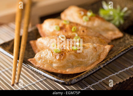 Una piastra di deliziosi piatti asiatici adesivi pot con lo scalogno. Foto Stock