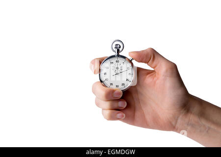 Cronometro tenere in mano, pulsante premuto, sfondo bianco Foto Stock