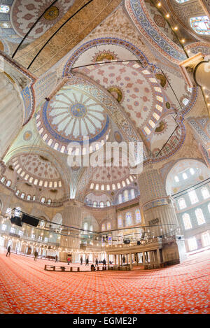 Moschea Sultan Ahmed Interno Sala di Preghiera Decorazioni Ornamento Istanbul Turchia | ISTANBUL, Turchia — La sala di preghiera della Moschea Sultan Ahmed, nota come la Moschea Blu, mostra decorazioni murali e di soffitto ornate caratteristiche dell’artigianato ottomano del XVII secolo. Più di 21.000 piastrelle İznik e Kütahya fatte a mano in blu e verde dominano le superfici interne, conferendo alla moschea il suo nome popolare, mentre una grande cupola centrale e diverse semi-cupole creano una sensazione di spazio sospeso sopra la testa. Costruita dal 1609 al 1616 sotto il sultano Ahmed I e l’architetto capo Sedefkâr Mehmed Ağa, la moschea è un m Foto Stock