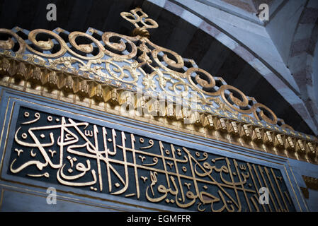 Topkapi Palace Harem Corridor Istanbul Turchia // ISTANBUL, Turchia — il corridoio all'esterno dell'ingresso principale dell'Harem, che separa gli alloggi della famiglia, le concubine e il Sultano dagli eunuchi Harem. La porta porta conduce al Nobet Yeri, il palo di sentinella, che è collegato alle tre sezioni principali dell'Harem. L'Harem imperiale era il santuario interno del Palazzo Topkapi dove vivevano il sultano e la sua famiglia. Situato su una penisola affacciata sullo stretto del Bosforo e sul Corno d'Oro, il Palazzo Topkapi fu la residenza principale dei sultani ottomani per circa 400 anni Foto Stock