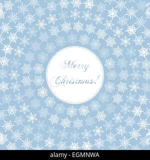 Delicato Merry Christmas Greeting Card con parole sulla rotonda e la circolare bianca e fina di fiocchi di neve sullo sfondo di Vintage pastello blu Foto Stock