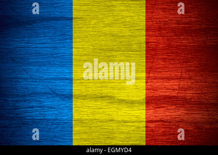Bandiera della Romania o banner sulla texture in legno Foto Stock