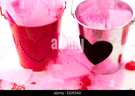 Il giorno di San Valentino decorazioni, piume rosa a forma di cuore caramelle Foto Stock