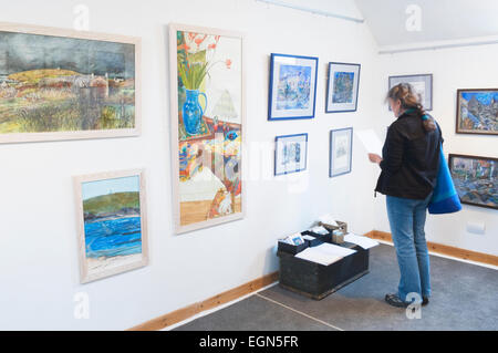 Donna che guarda ad una mostra nella galleria Loft, St Margaret speranza, South Ronaldsay, Orkney Islands, Scozia. Foto Stock