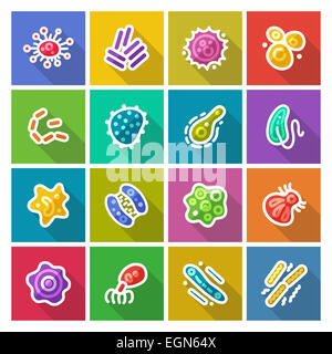 Germi e batteri piatto set di icone Foto Stock