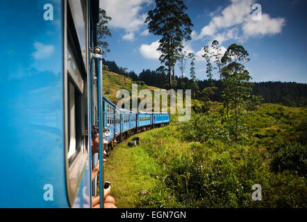 Treno da Nuwara Eliya a Kandy tra le piantagioni di tè negli altopiani dello Sri Lanka Foto Stock