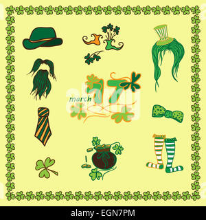 Impostare Irish st Patrick day pattern con simboli piatto della vacanza in diversi colori. Illustrazione Vettoriale. Meglio il vostro design, un Foto Stock