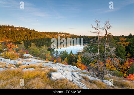 Affacciato sul lago Bunnyrabbit al tramonto durante l'autunno. Killarney Provincial Park, Ontario, Canada. Foto Stock