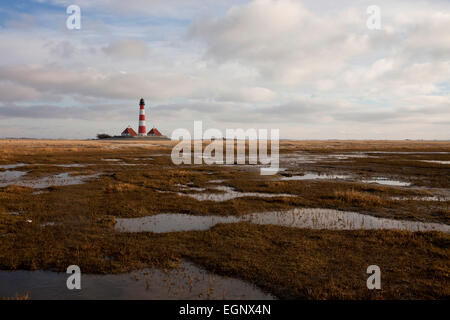 Faro di Westerheversand, sale palude e velme presso il parco nazionale del mare di Wadden, Westerhever, Schleswig-Holstein, Germania Foto Stock