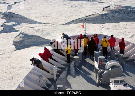 L'Antartide, Mare di Weddell, i passeggeri sul castello di prua di MS Hanseatic spingendo attraverso la banchisa Foto Stock