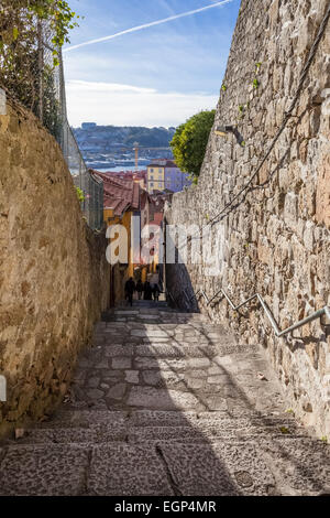 Porto, Portogallo. Stretta e ripida strada medievale delle parti più antiche della città, che collega la zona della cattedrale a Ribeira Foto Stock