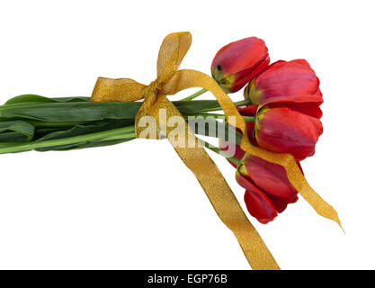 Bouquet di tulipani rossi nastro giallo Foto Stock