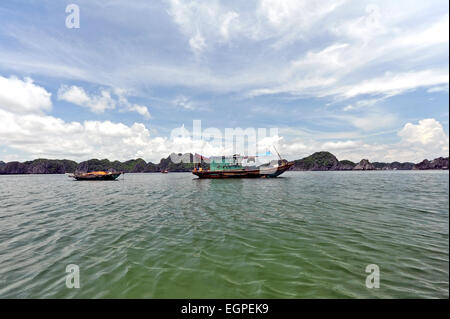 Il Vietnam, Baia di Halong elencati come patrimonio mondiale dall' UNESCO, pesca barche nel porto Foto Stock