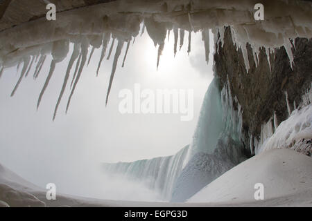 Ghiaccioli inquadratura vista delle cascate Horseshoe da sotto le cascate a Niagara congelate nei mesi invernali Foto Stock